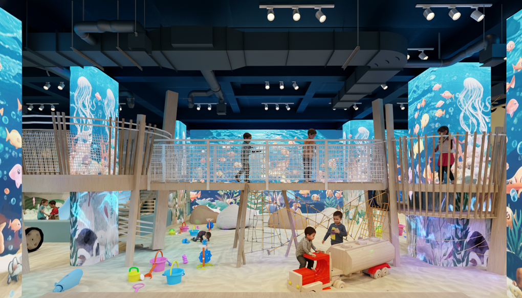 Khu vui chơi Azuria Kid Club được ch&uacute; trọng đầu tư tr&ecirc;n diện t&iacute;ch 500m2 v&agrave; thiết kế theo chủ đề C&aacute;t s&aacute;ng tạo. Ảnh: KNI