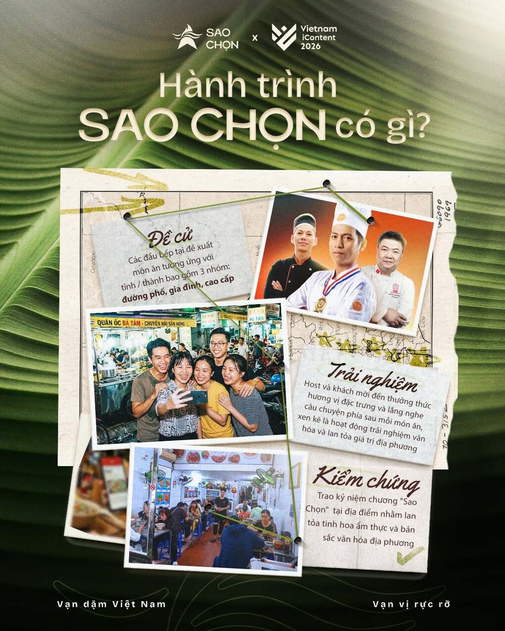 H&agrave;nh tr&igrave;nh kh&aacute;m ph&aacute; ẩm thực địa phương từ Bắc v&agrave;o Nam do Hiệp hội Dạy nghề v&agrave; Việc l&agrave;m đầu bếp Việt Nam (VICA) c&ugrave;ng c&aacute;c nghệ sĩ, người nổi tiếng chọn lọc, giới thiệu.