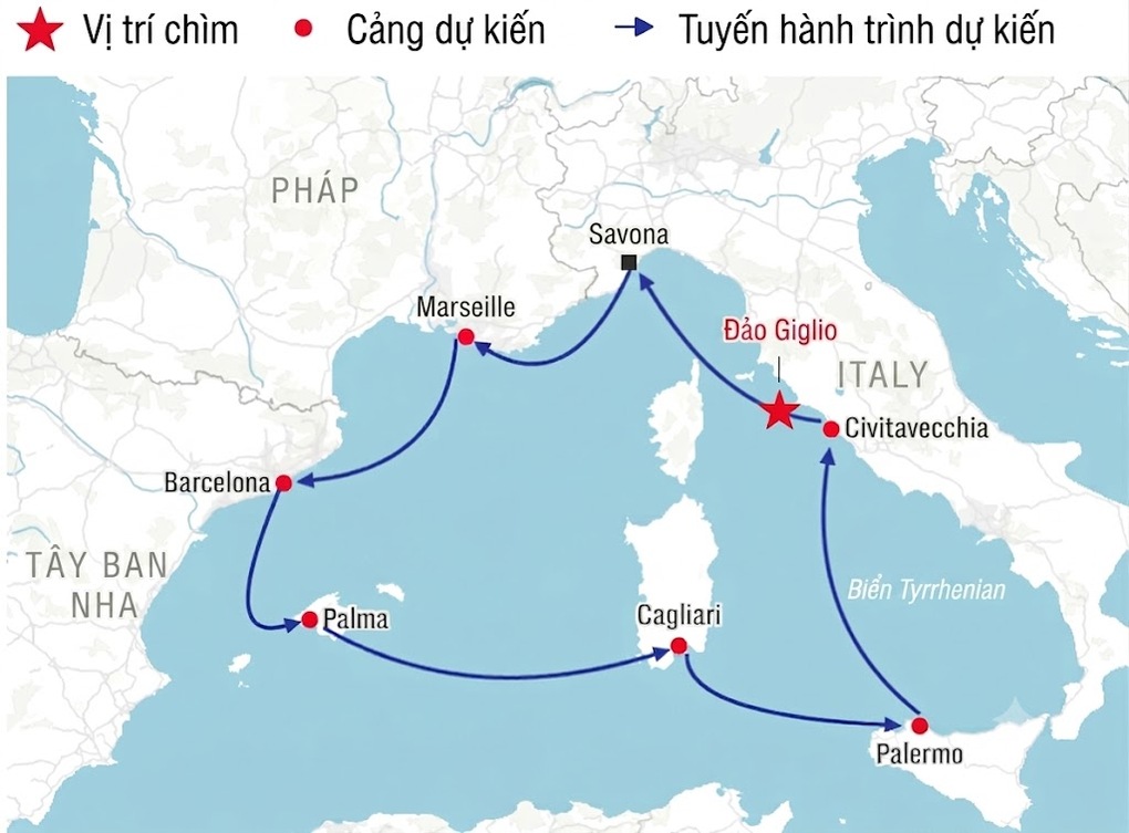 Lịch tr&igrave;nh của t&agrave;u Costa Concordia. Ảnh: Telegraph