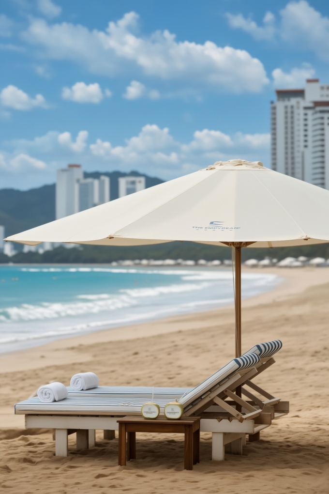 Ghế nghỉ v&agrave; d&ugrave; của kh&aacute;ch sạn tr&ecirc;n biển đường Trần Ph&uacute;. Ảnh: The Empyrean Nha Trang